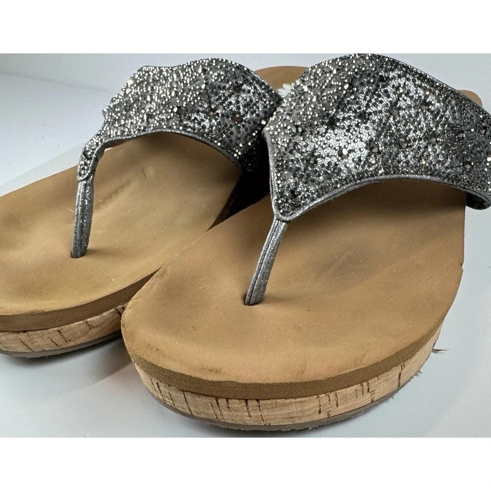 Yellow Box Crystal Wedge Sandals Sz 7 Silver Glitter Rhinestone‎ Flip Flops - Picture 4 of 16